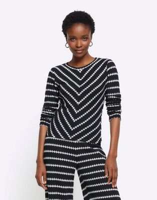 River Island Crochet stripe long sleeve top in black