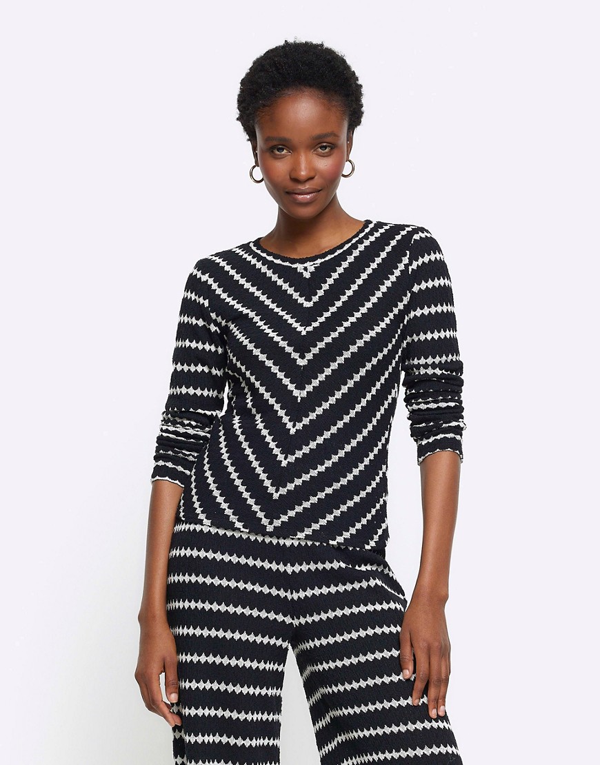 River Island Crochet stripe long sleeve top in black