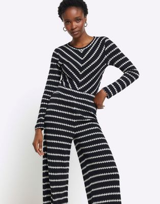 River Island Crochet stripe wide leg trousers in black