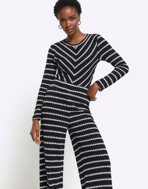 River Island Crochet stripe wide leg trousers in black