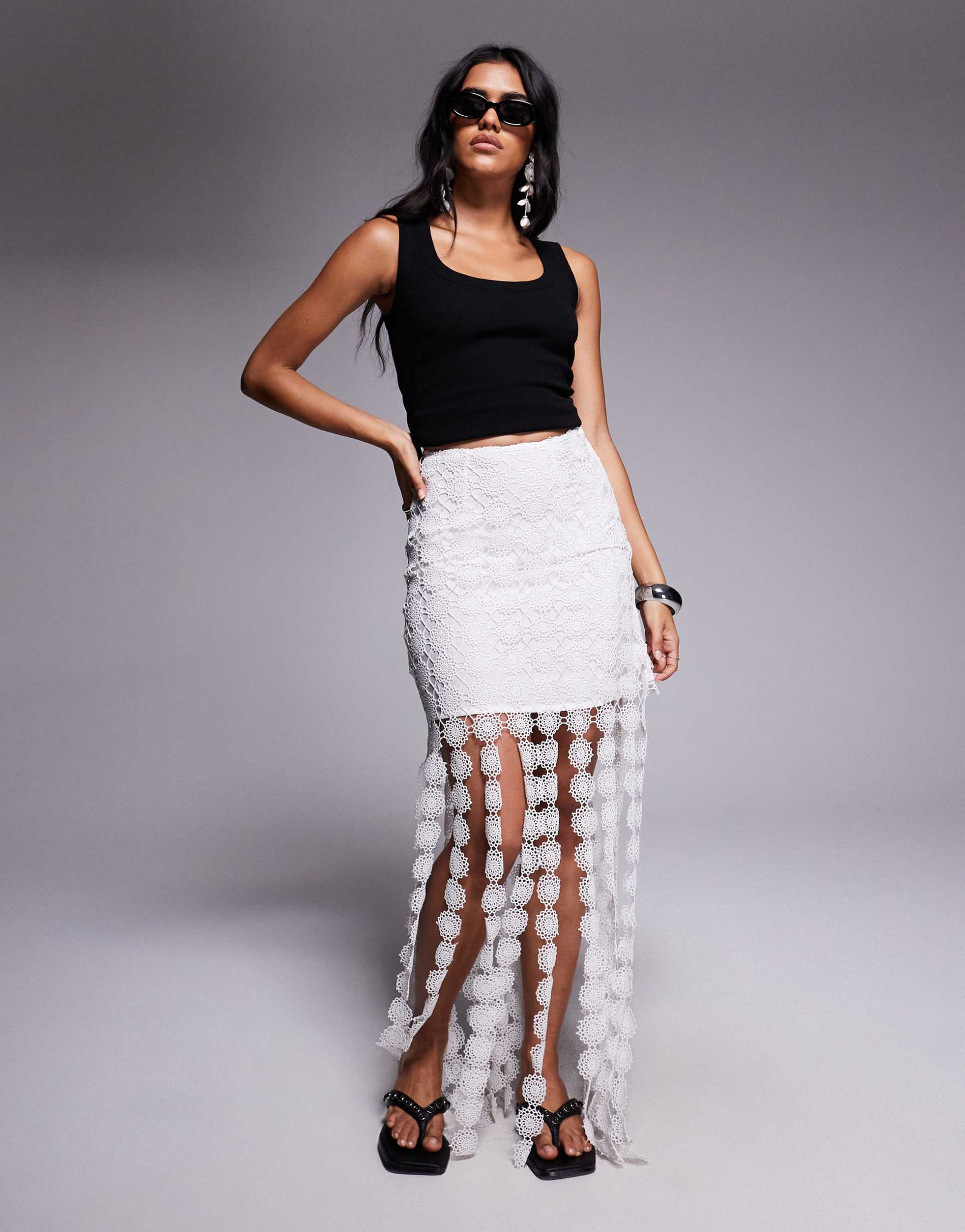 river island crochet tassel midi skirt in white