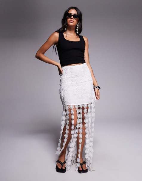 River Island crochet tassle midi skirt in white - view 1