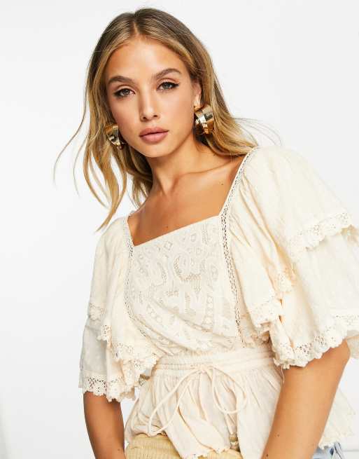 River Island crochet tea top in cream | ASOS