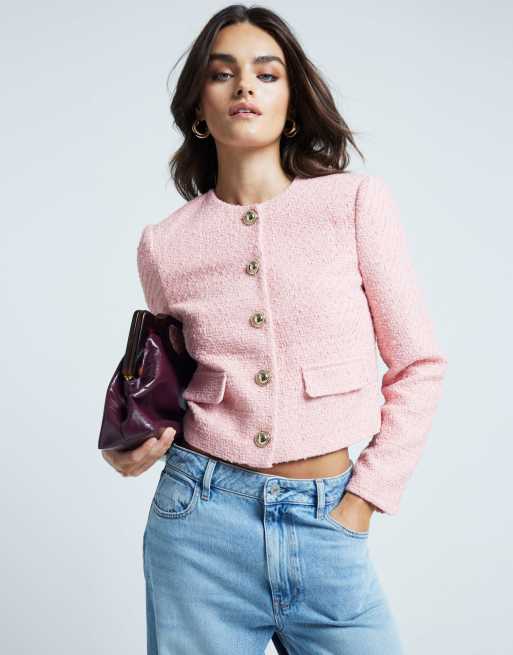 River Island crop boucle trophy jacket in light pink ASOS