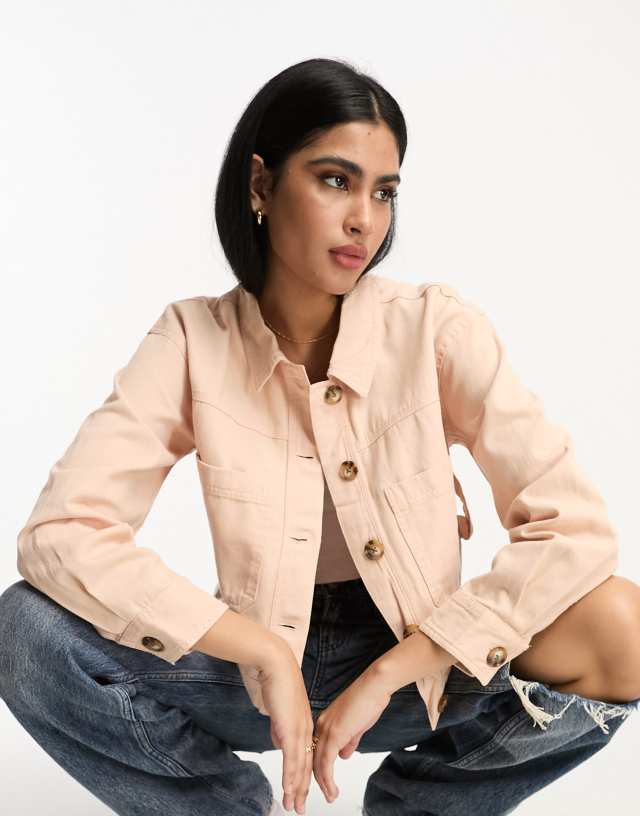 River Island - crop button shacket in pale pink