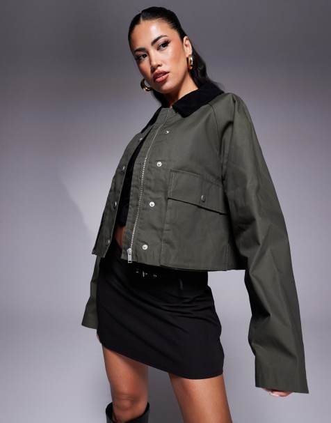River Island crop collar jacket in dark khaki - view 1