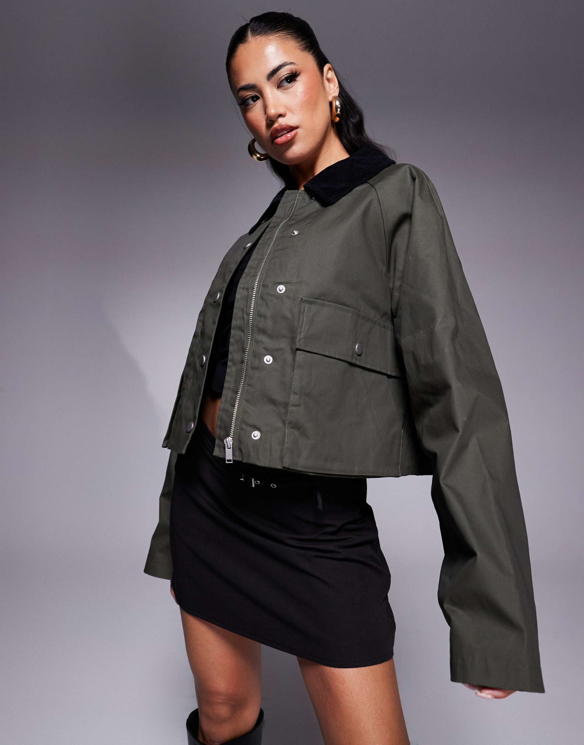 river island crop collar jacket in dark khaki