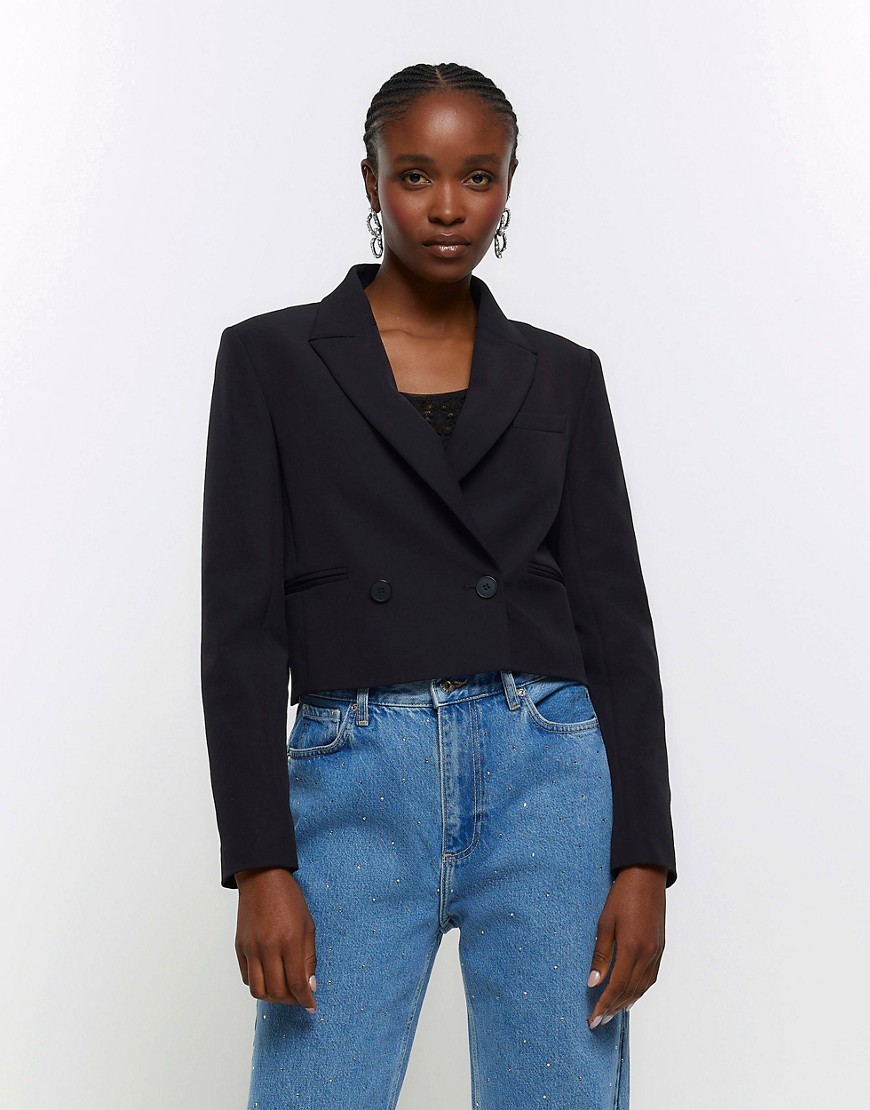 River Island crop double breasted blazer in black