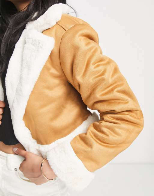 River Island crop faux shearling jacket in tan | ASOS