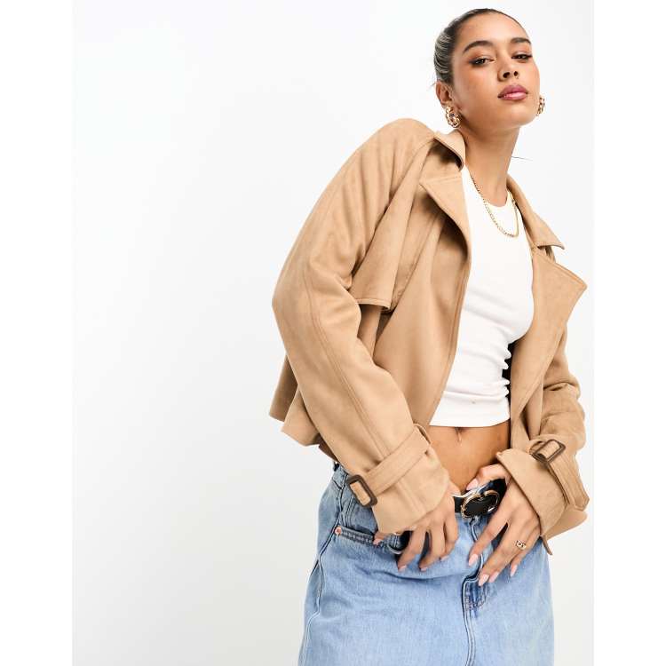 River Island crop faux suede trench in light brown ASOS