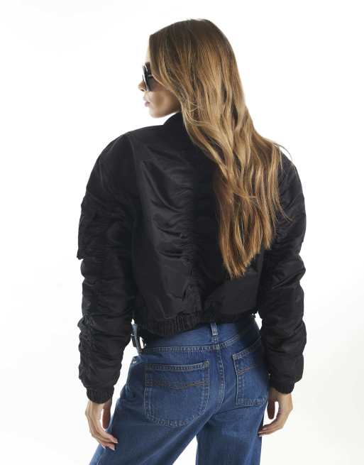 River Island Crop fitted classic bomber jacket in black, 4 of 4