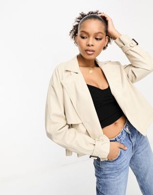 River Island crop pu trench jacket in cream