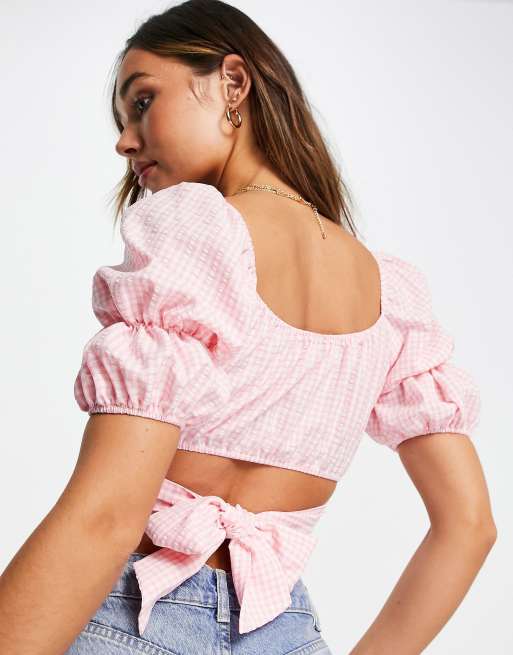 River Island - Crop top à manches bouffantes et rubans noués au dos - Rose vichy, 4 de 4