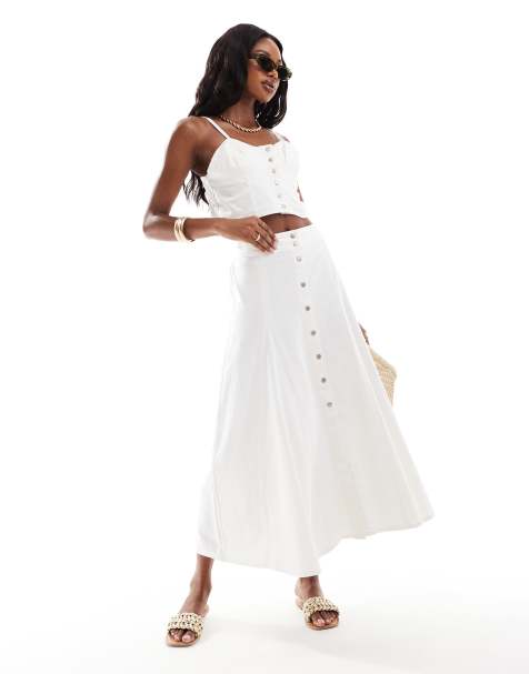 River Island - Crop top in denim bianco con spalline sottili in coordinato - view 1