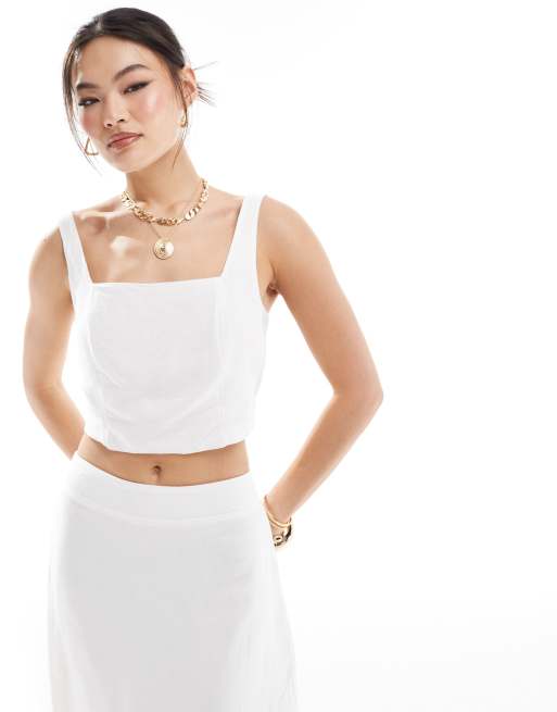 River Island - Crop top met linnenlook in wit, deel van co-ord set