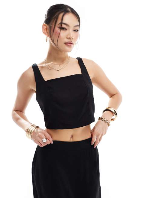 River Island - Crop top met linnenlook in zwart, deel van co-ord set