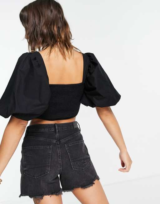 River Island - Crop top nero con maniche a sbuffo, 2 di 4