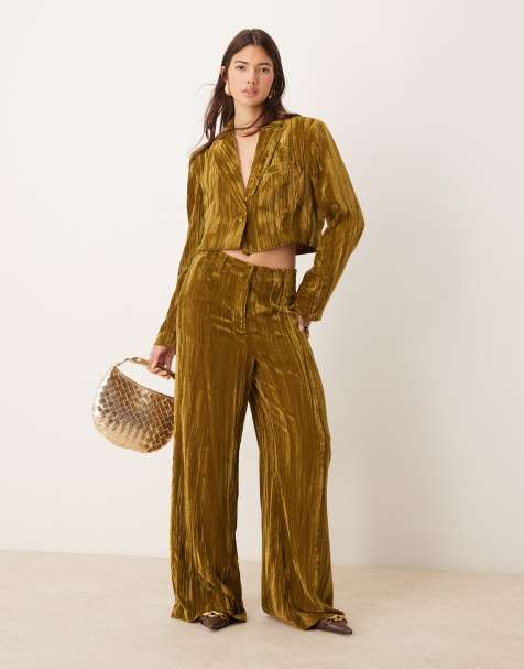River Island crop velvet blazer co-ord in olive - view 1