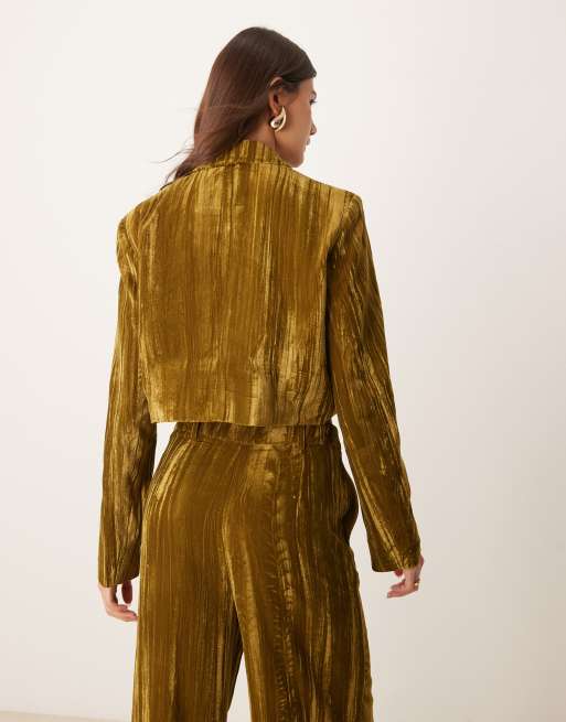 River Island crop velvet blazer in olive (part of a set), 3 of 4