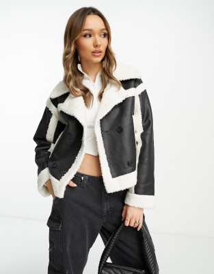 River island black on sale faux fur aviator jacket