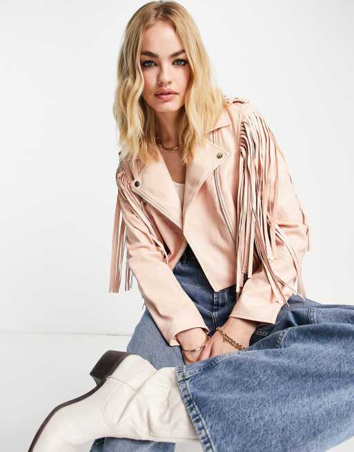 River Island - Cropped bikerjack met franje in felroze