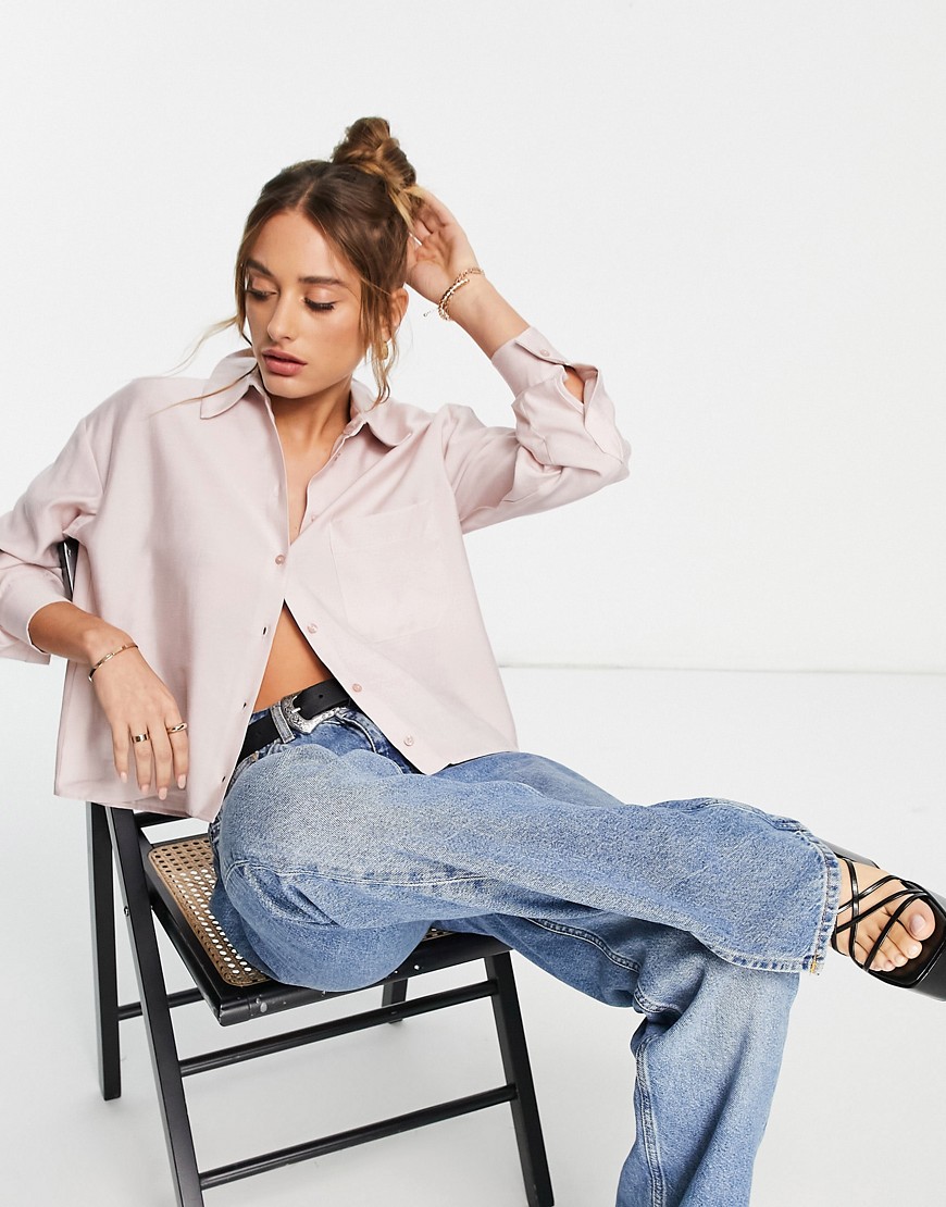 River Island cropped boxy linen shirt in light pink
