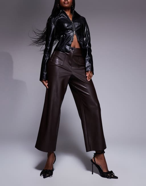 River Island - Cropped broek van imitatieleer in donkerbruin