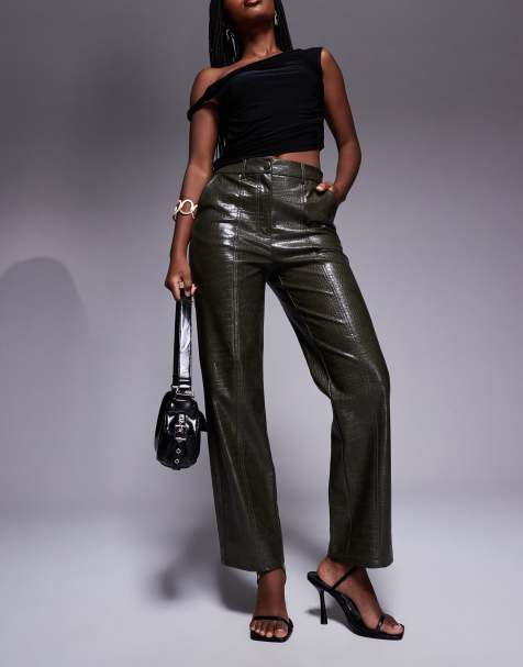 River Island - Cropped broek van imitatieleer met krokodillenmotief in donkergroen - view 1