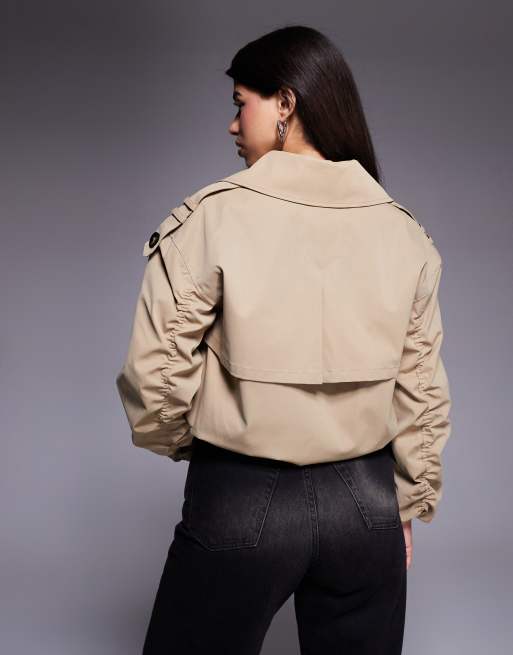 River Island cropped bubble hem trench coat in beige, 4 of 4