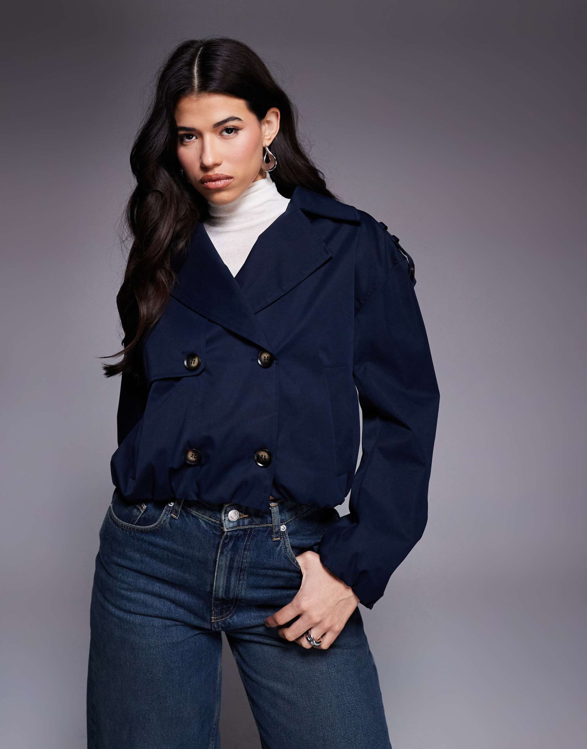 river island cropped bubble hem trench coat in navy