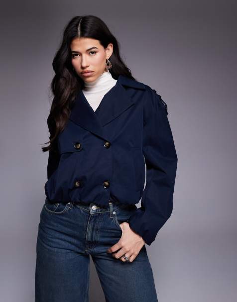 River Island cropped bubble hem trench coat in navy