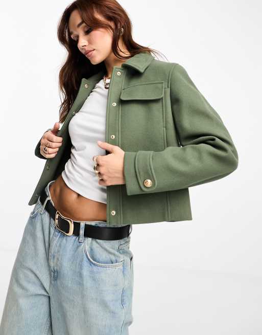 River Island Cropped Button Detail Jacket in Khaki | ASOS