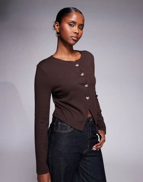 River Island cropped cardigan with heart buttons in brown