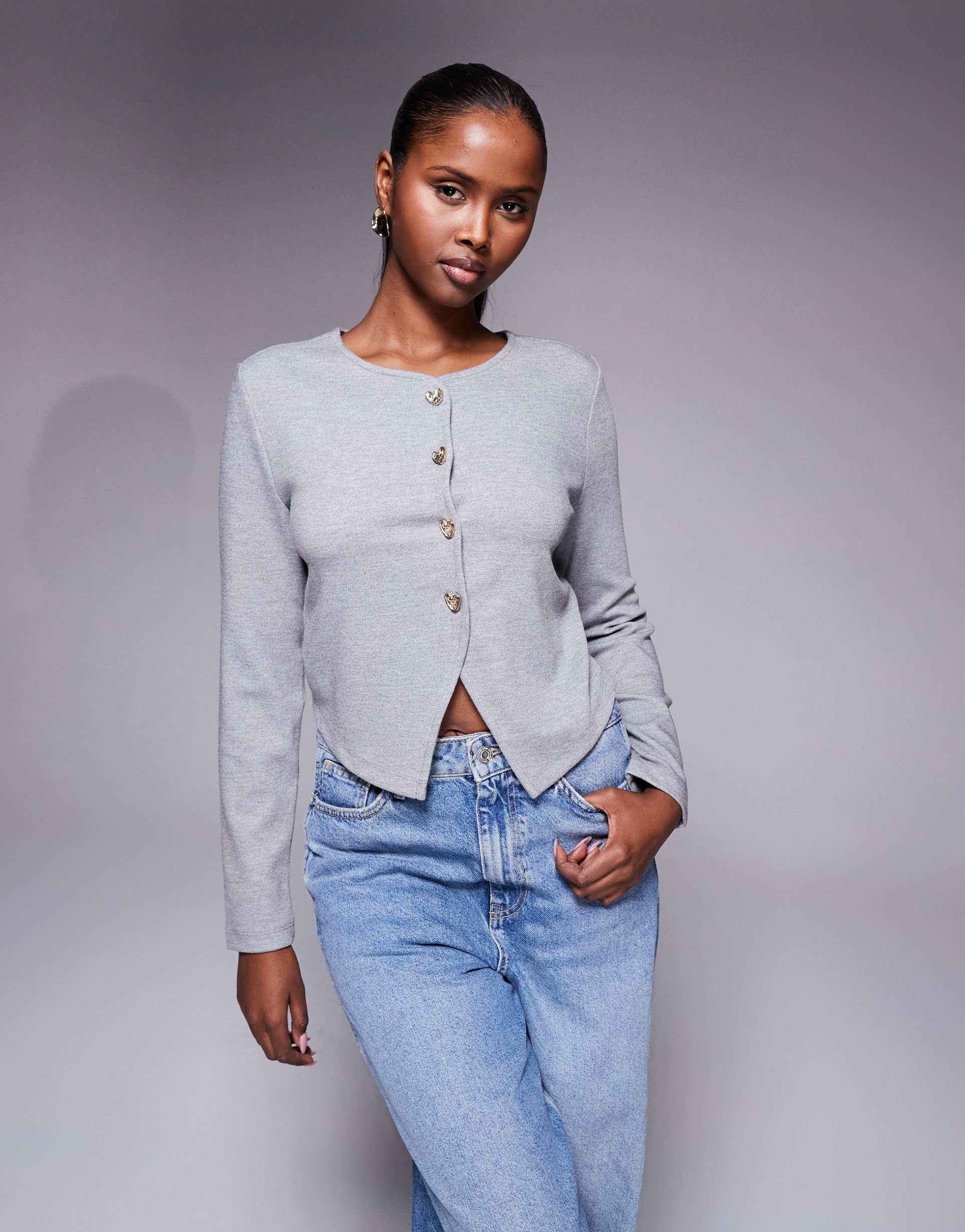 river island cropped cardigan with heart buttons in gray