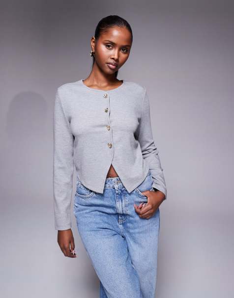 River Island cropped cardigan with heart buttons in grey