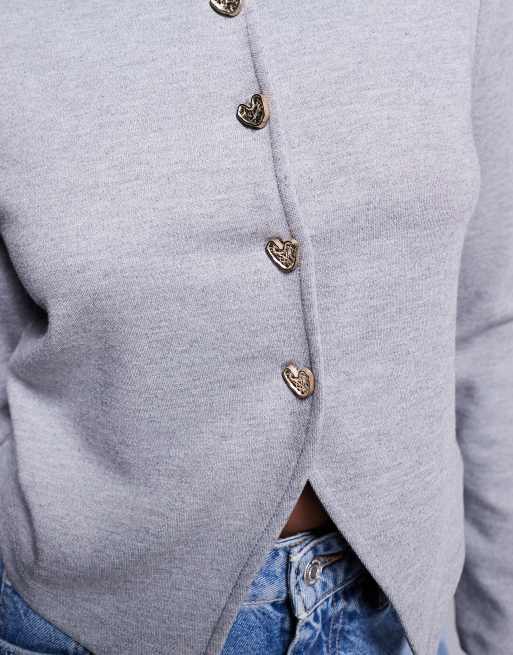 River Island cropped cardigan with heart buttons in grey, 4 of 4