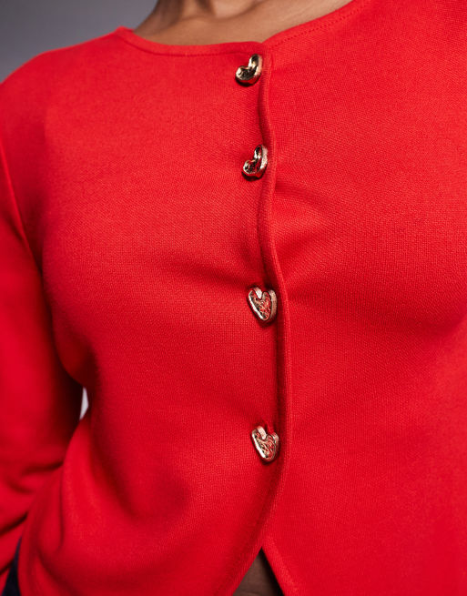 River Island cropped cardigan with heart buttons in red, 2 of 4