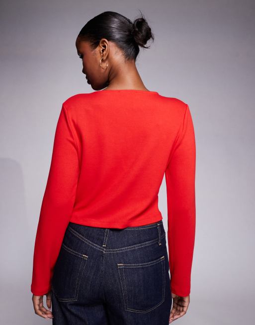 River Island cropped cardigan with heart buttons in red, 3 of 4