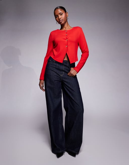 River Island cropped cardigan with heart buttons in red, 4 of 4