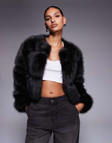 River Island cropped faux fur panelled jacket in dark brown - view 1