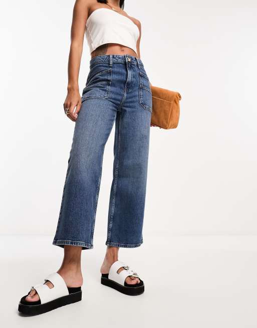River Island - Cropped jeans met wijde pijpen in middenblauw met wassing