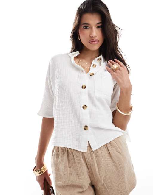 River Island cropped linen look shirt in white