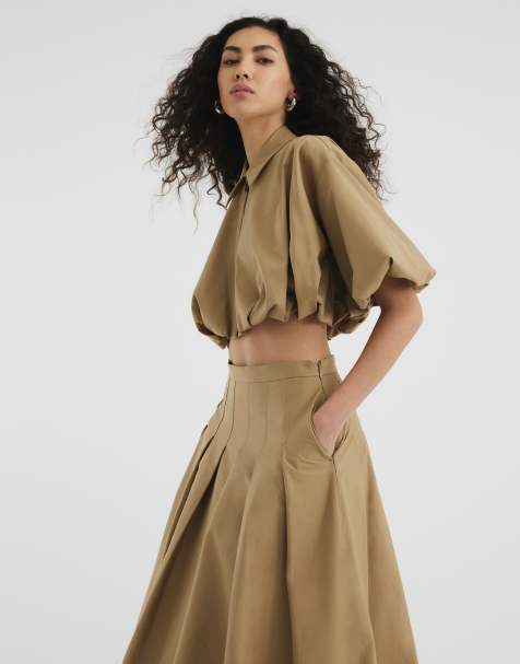 River Island cropped shirt in stone - view 1