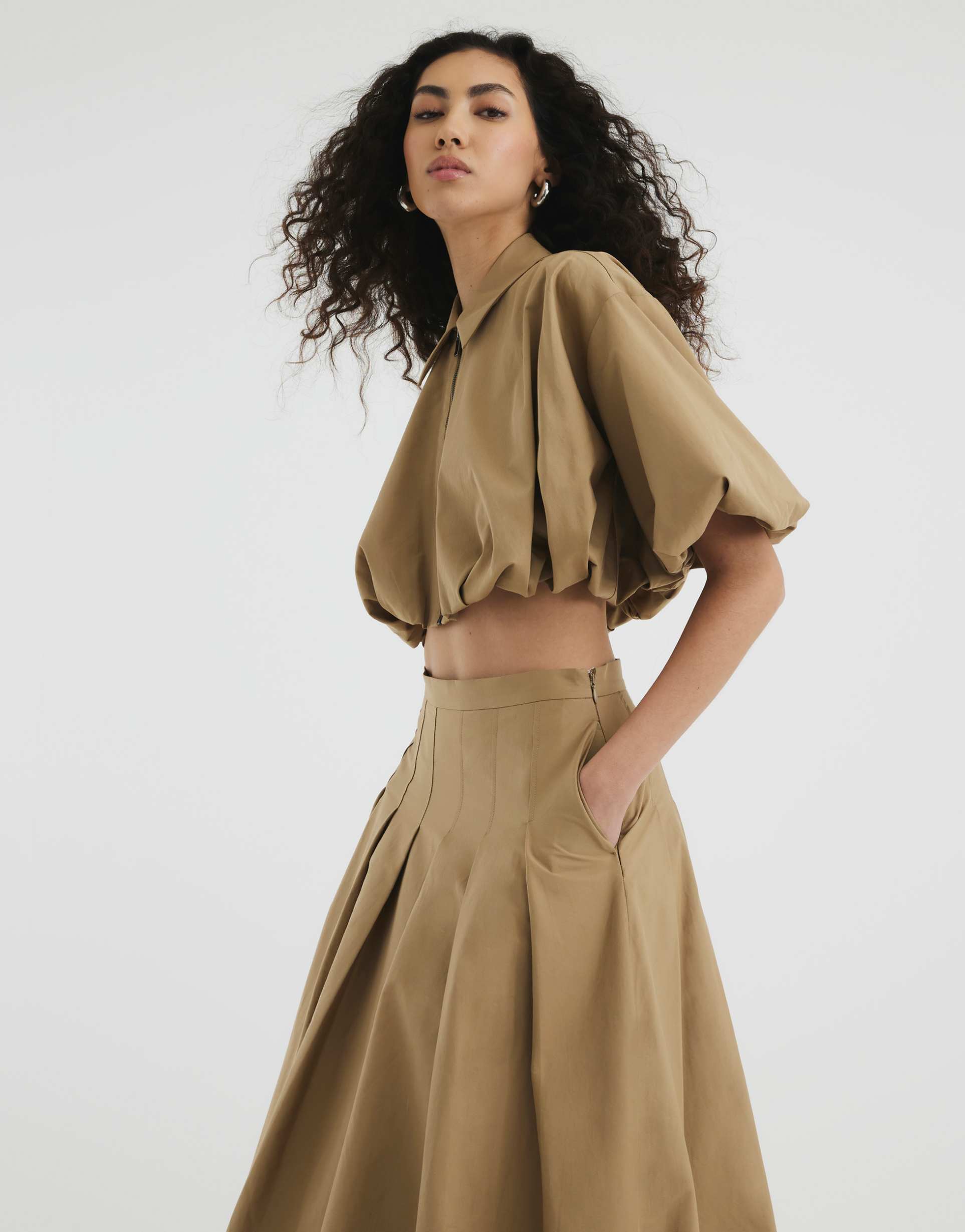 river island cropped shirt in stone