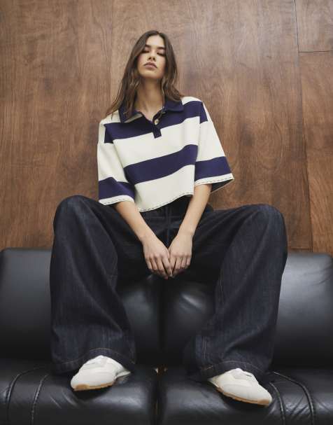 River Island Cropped stripe polo shirt in navy - view 1
