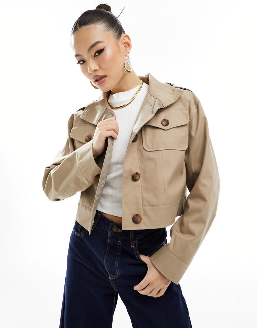 River Island cropped trench jacket in beige-Neutral