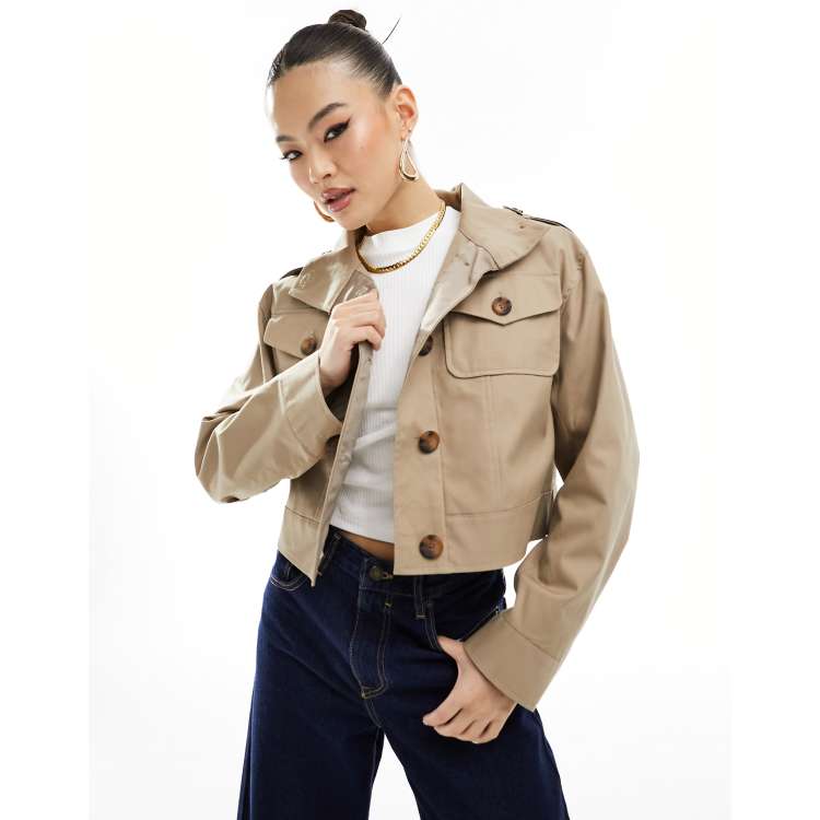 River Island cropped trench jacket in beige ASOS
