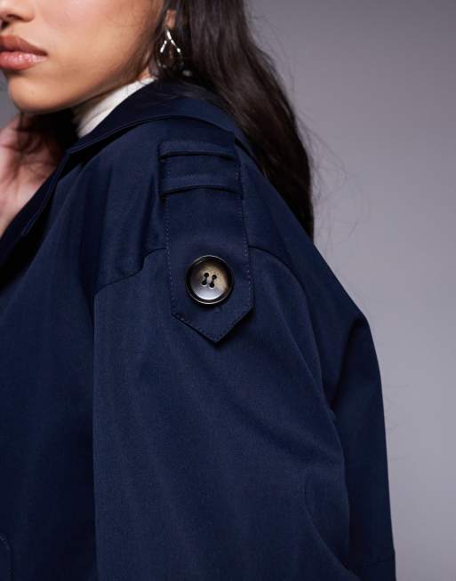 River Island - Cropped trenchcoat met pofzoom in marineblauw, 3 van 4