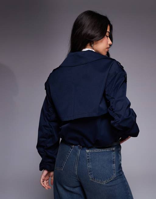 River Island - Cropped trenchcoat met pofzoom in marineblauw, 4 van 4