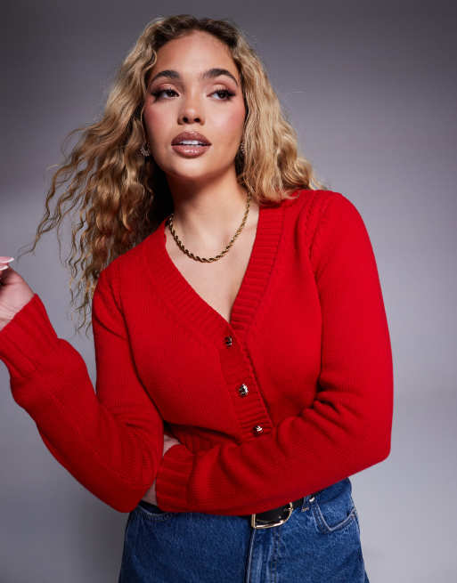 River island cropped v neck cardigan in red